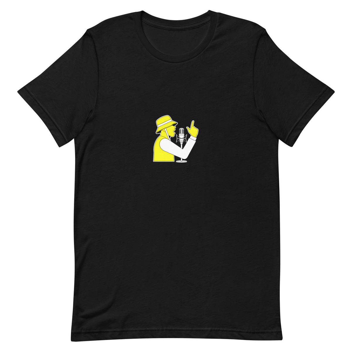 Black t-shirt with a white-and-yellow illustration of a rapper at a studio microphone, finger raised — Ghostnote rapper streetwear tee, flat front