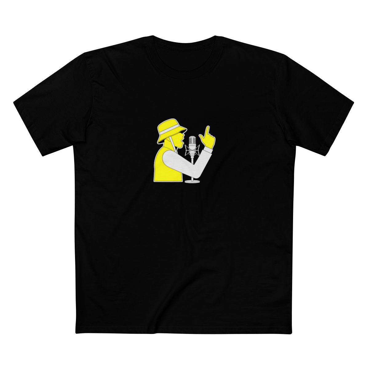 Black t-shirt with a white-and-yellow illustration of a rapper at a studio microphone, finger raised — Ghostnote rapper streetwear tee, flat front