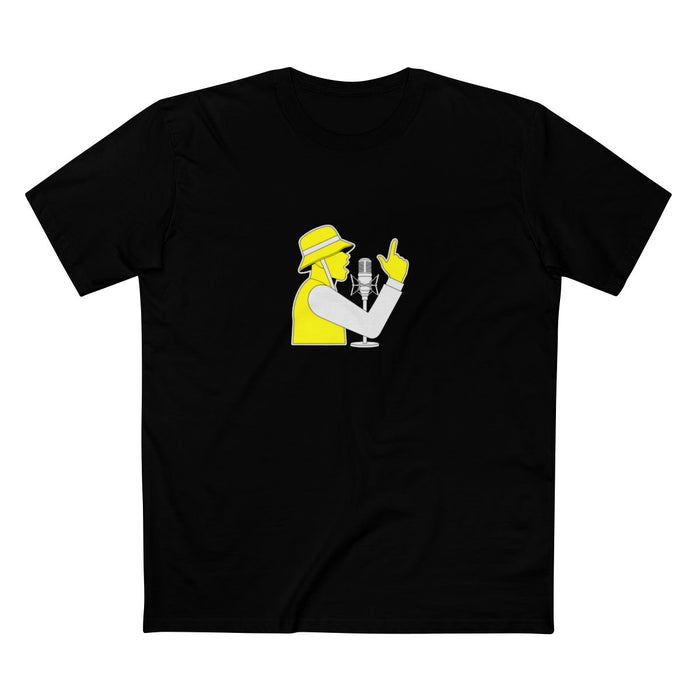 Black t-shirt with a white-and-yellow illustration of a rapper at a studio microphone, finger raised — Ghostnote rapper streetwear tee