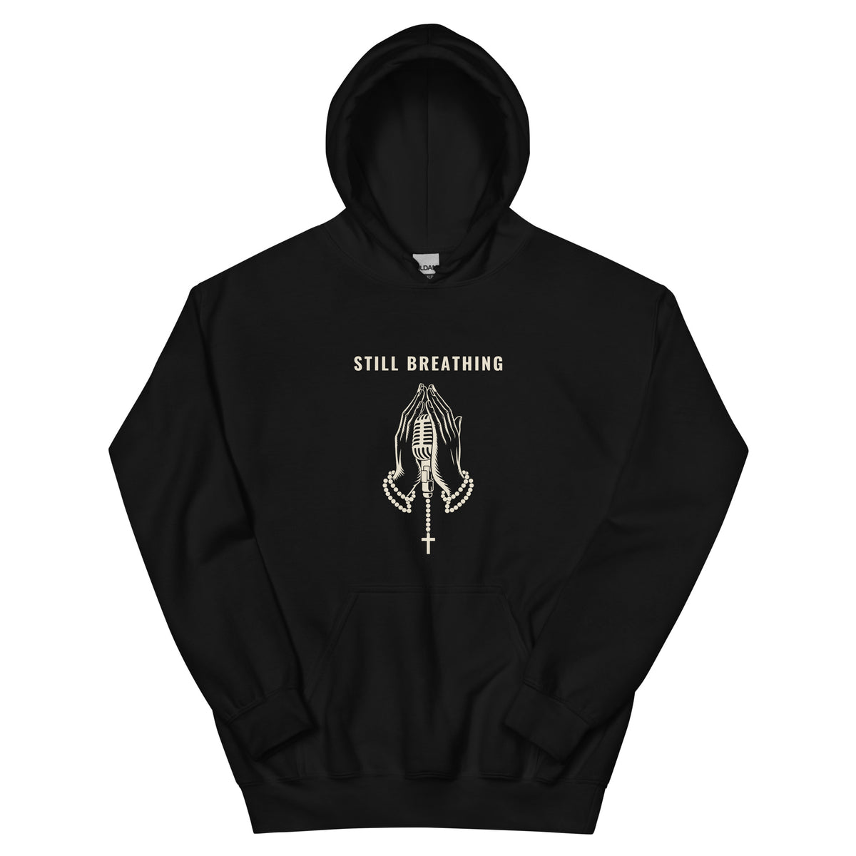 Still Breathing hip hop hoodie in Black, flat front