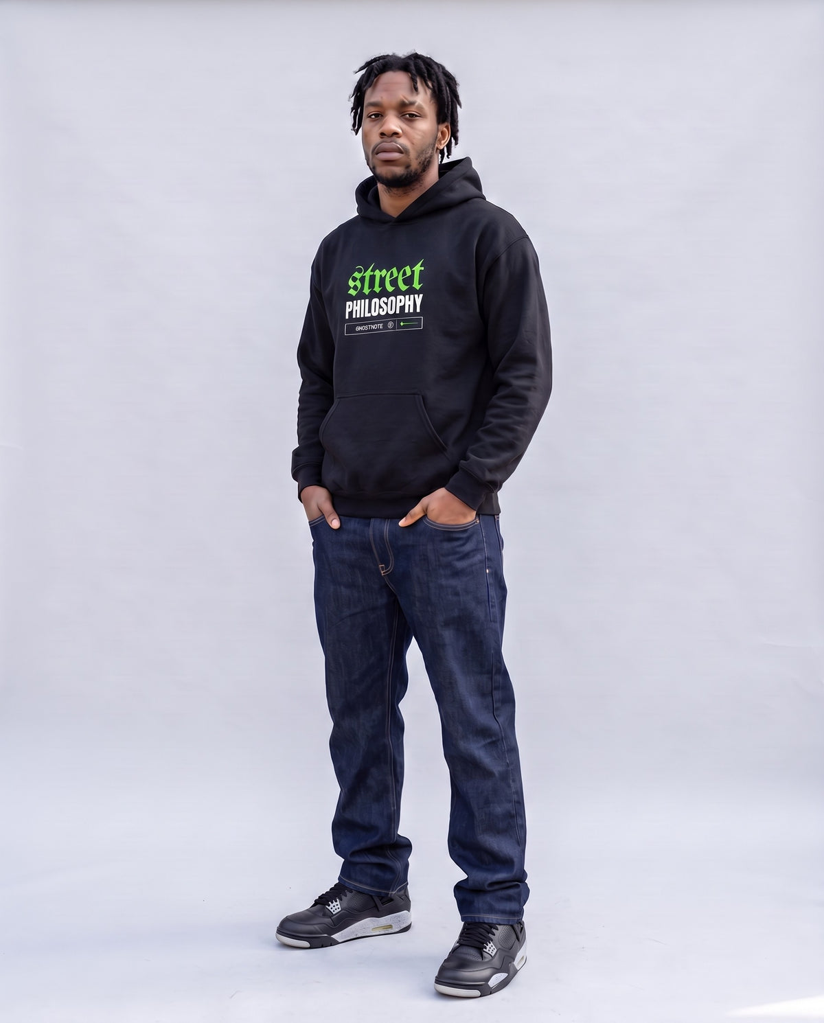 Model wearing the Street Philosophy Hoodie Embroidered in Black, full length