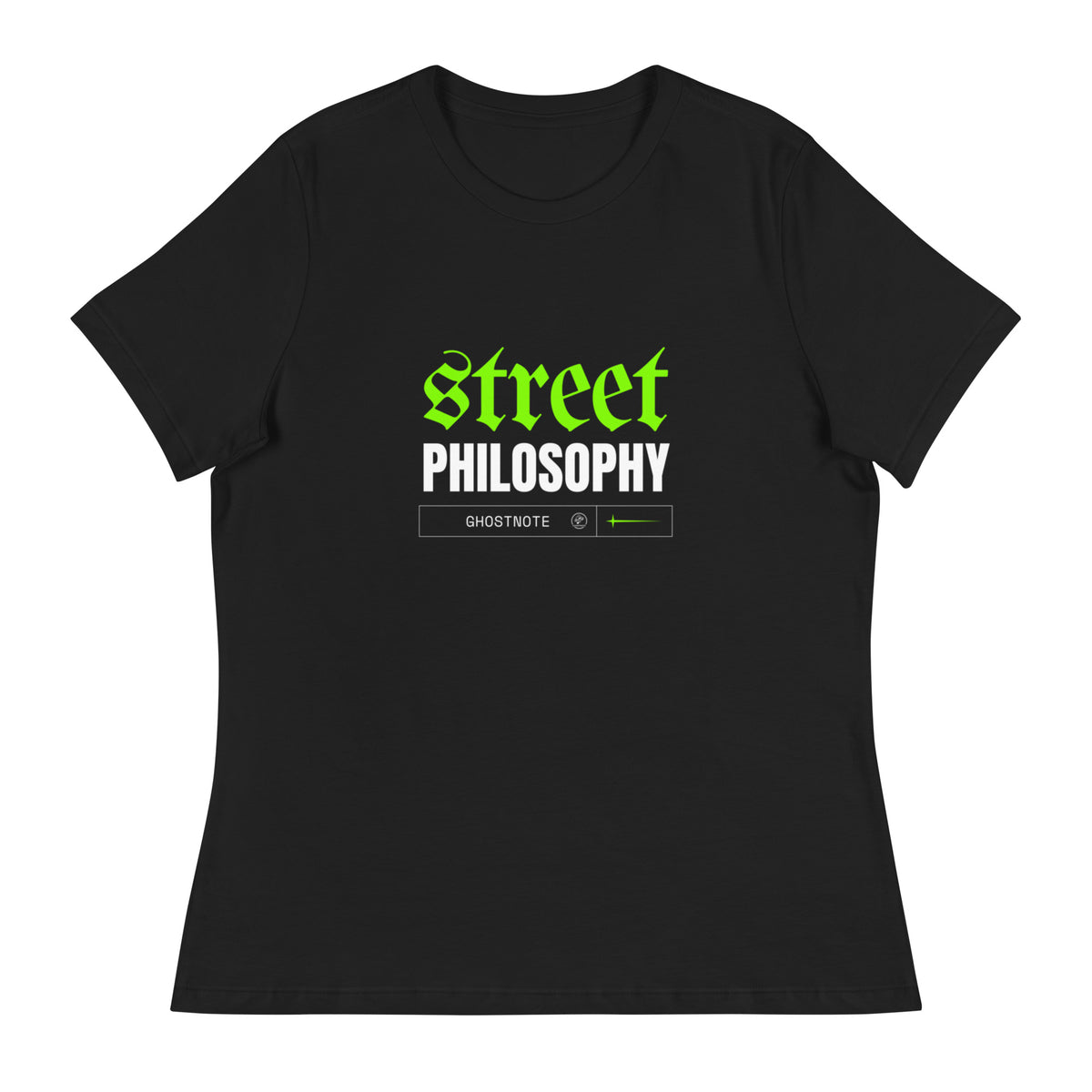 Street Philosophy women's hip hop tee in Black, flat front