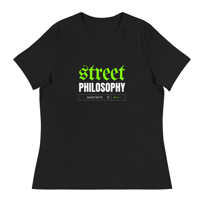 Street Philosophy women's hip hop tee in Black, flat front