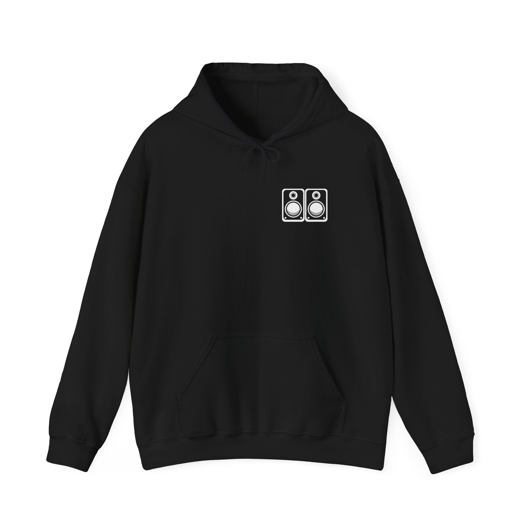 Black hoodie with an illustration of white-cone studio monitor speakers on the chest — Ghostnote audio engineer streetwear