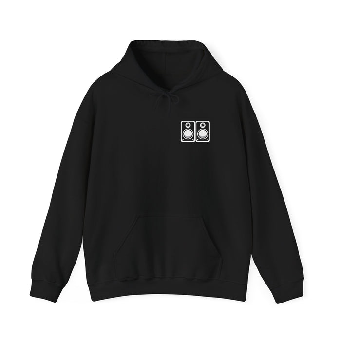 Black hoodie with an illustration of white-cone studio monitor speakers on the chest — Ghostnote audio engineer streetwear