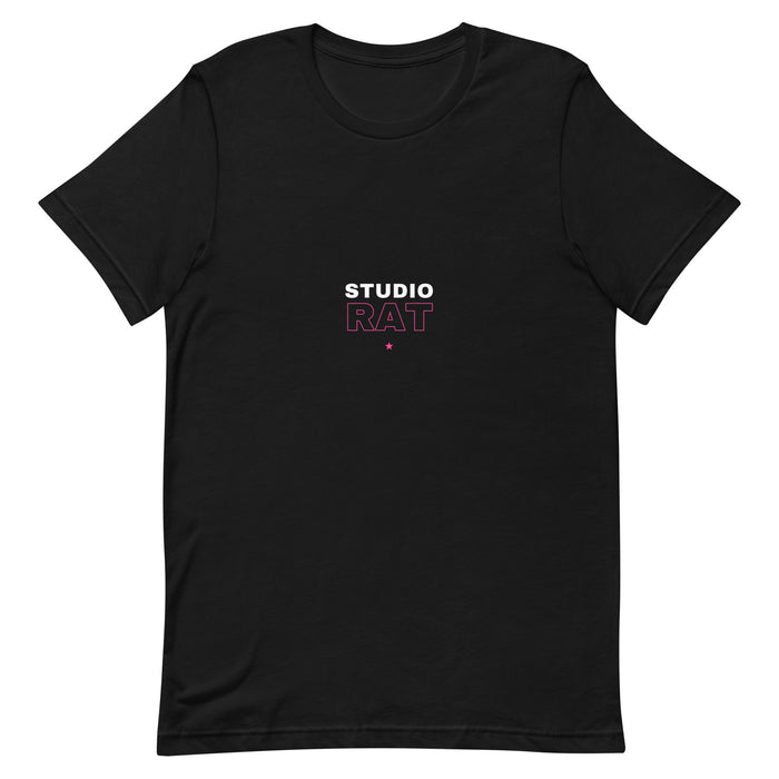 Black t-shirt with bold 'STUDIO RAT' text in white and pink — Ghostnote music producer streetwear tee, flat front