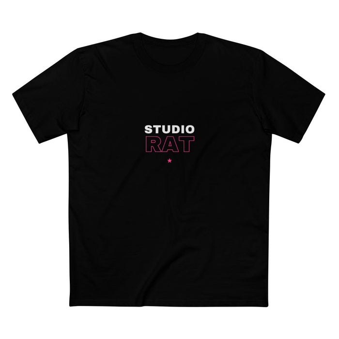 Black t-shirt with bold 'STUDIO RAT' text in white and pink — Ghostnote music producer streetwear tee