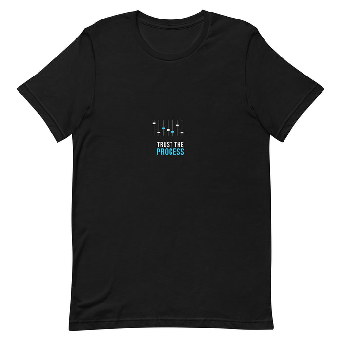 Black t-shirt with EQ fader graphics and 'TRUST THE PROCESS' text in cyan — Ghostnote music producer streetwear tee, flat front