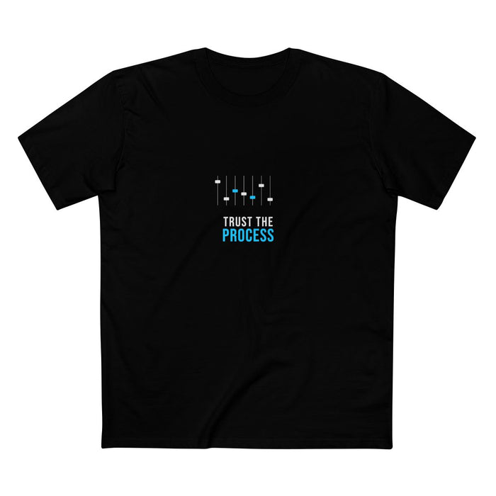 Black t-shirt with EQ fader graphics and 'TRUST THE PROCESS' text in cyan — Ghostnote music producer streetwear tee