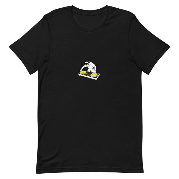Black t-shirt with a white-and-yellow illustration of a DJ scratching on turntables — Ghostnote hip-hop streetwear tee, flat front