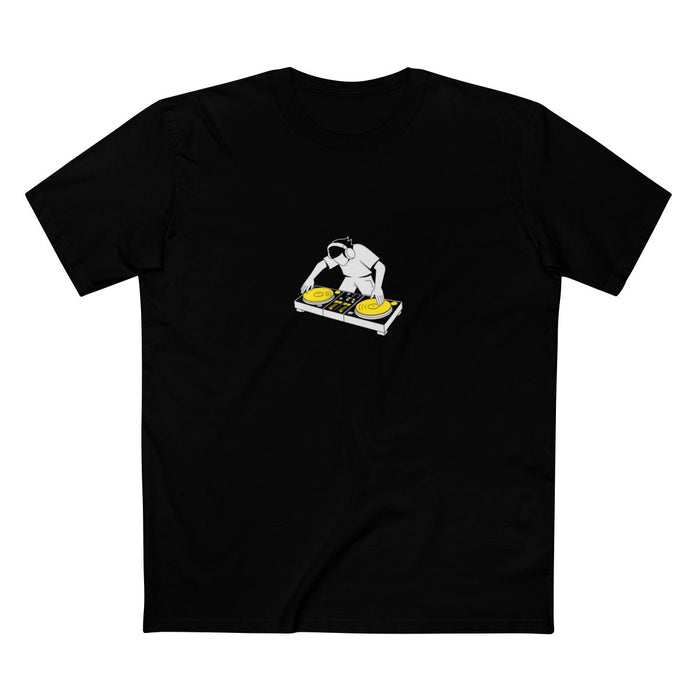 Black t-shirt with a white-and-yellow illustration of a DJ scratching on turntables — Ghostnote hip-hop streetwear tee