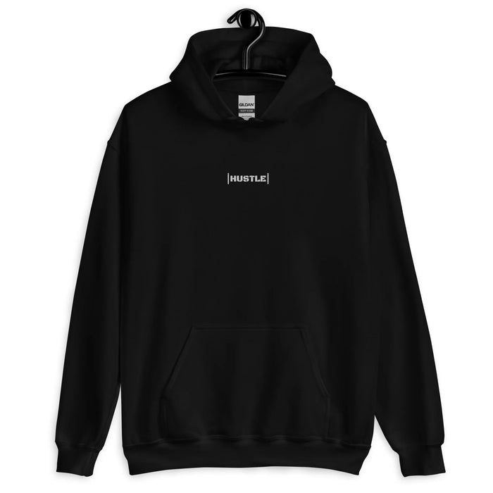 Black hoodie with '[HUSTLE]' in small white bracketed text on the chest — Ghostnote hip-hop streetwear