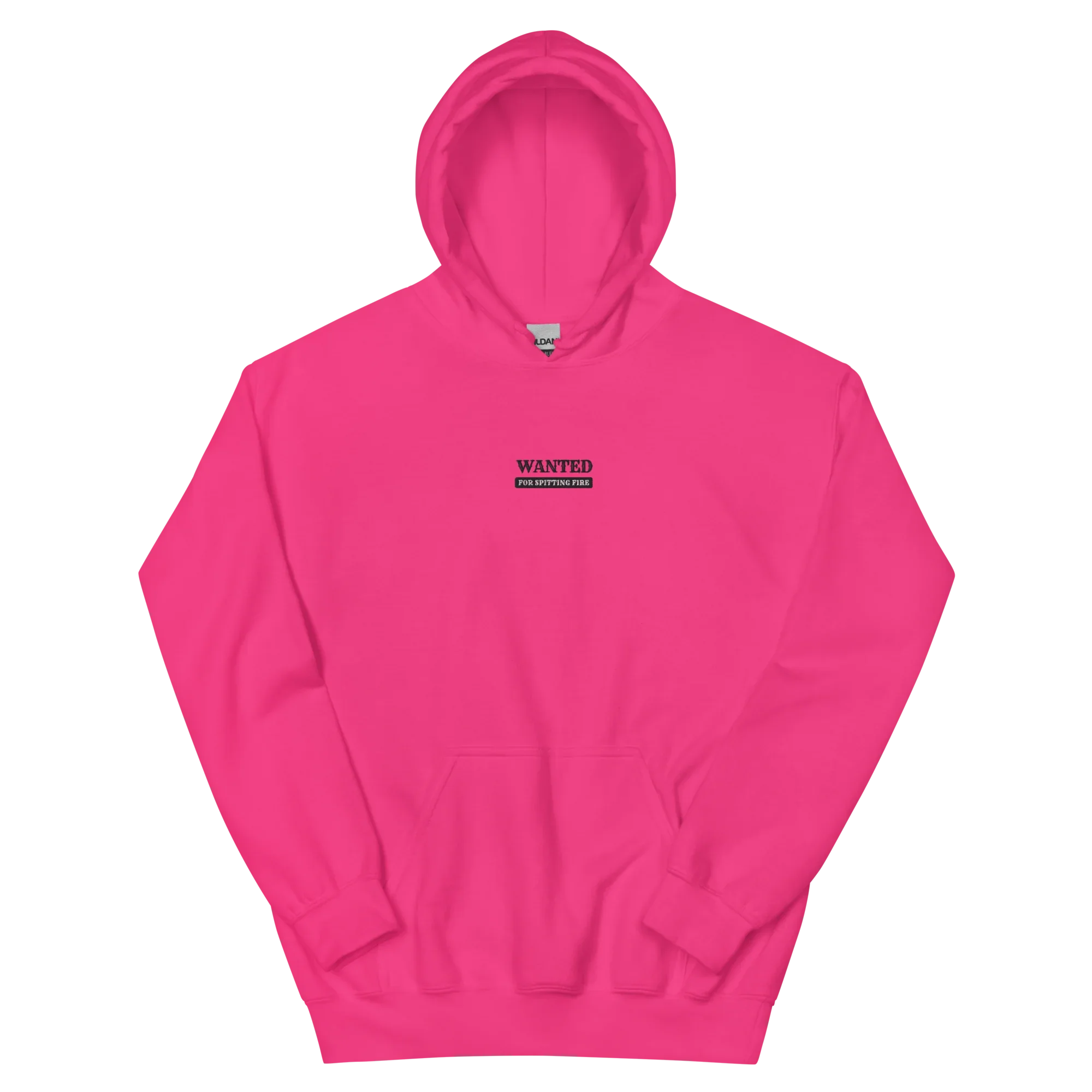 White hoodie with a small black 'WANTED' poster-style graphic on the chest — Ghostnote rapper streetwear