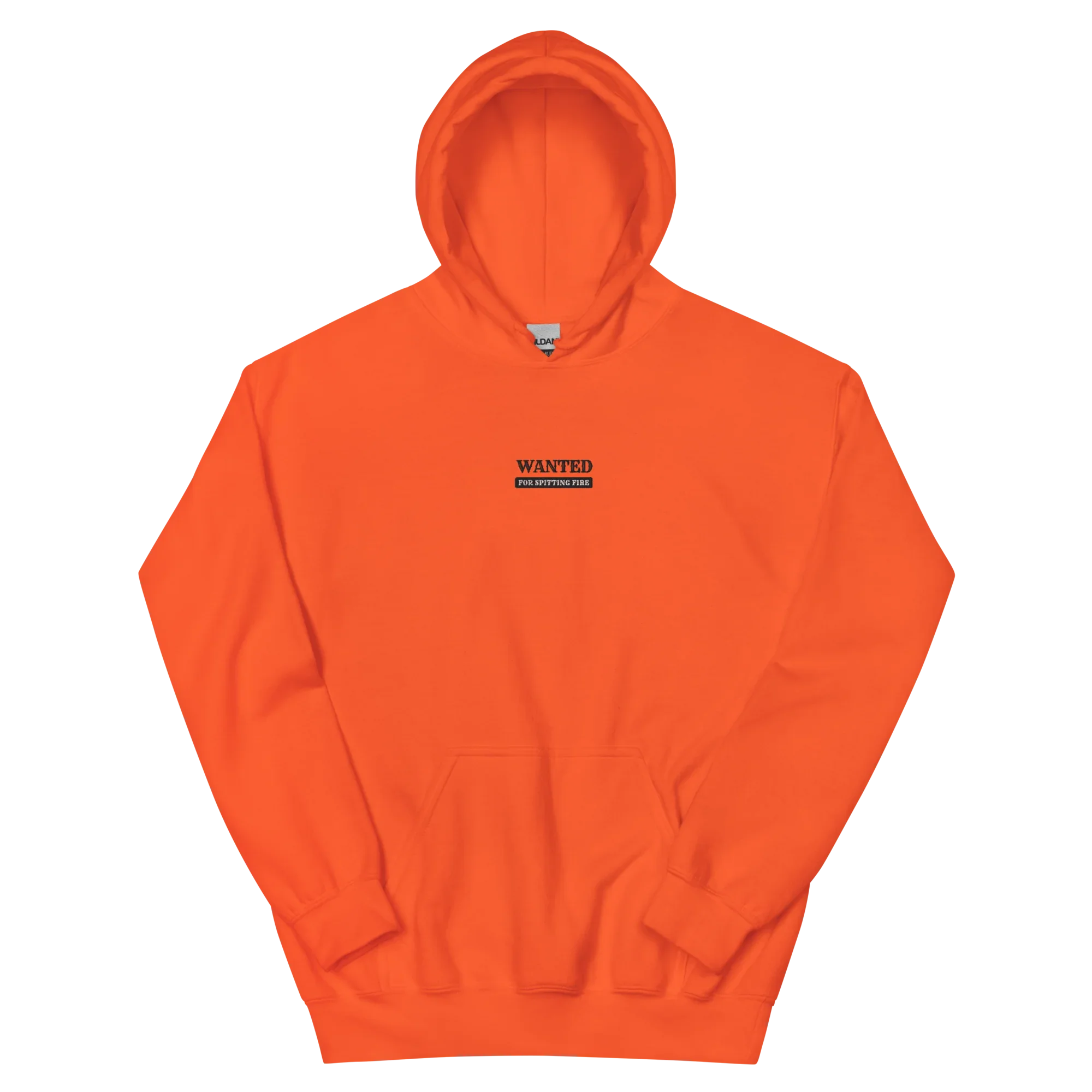 White hoodie with a small black 'WANTED' poster-style graphic on the chest — Ghostnote rapper streetwear
