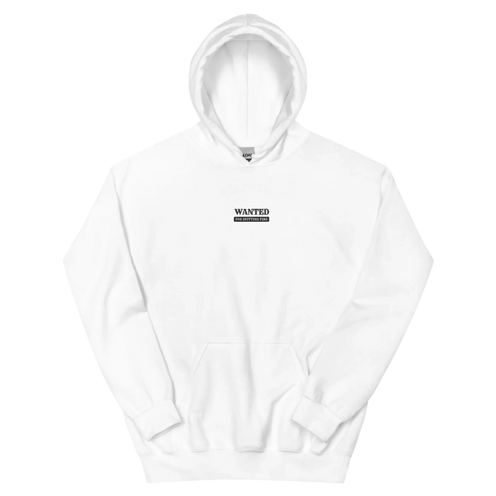 White hoodie with a small black 'WANTED' poster-style graphic on the chest — Ghostnote rapper streetwear