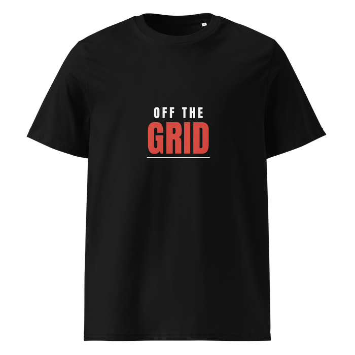 Black music producer t-shirt with 'OFF THE' in white and 'GRID' in red with an underline on the chest — Ghostnote beatmaker streetwear