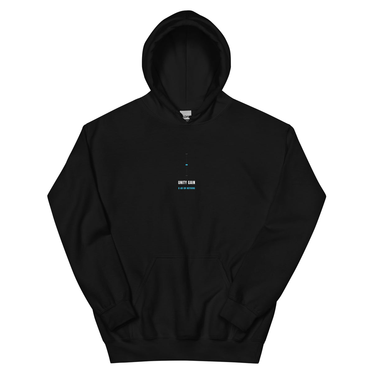 Black hoodie with a minimal 0 dB fader and 'UNITY GAIN' on the chest — Ghostnote audio engineer streetwear, flat front