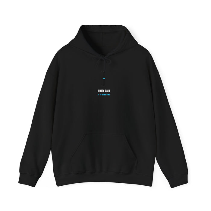 Black hoodie with a minimal 0 dB fader and 'UNITY GAIN' on the chest — Ghostnote audio engineer streetwear