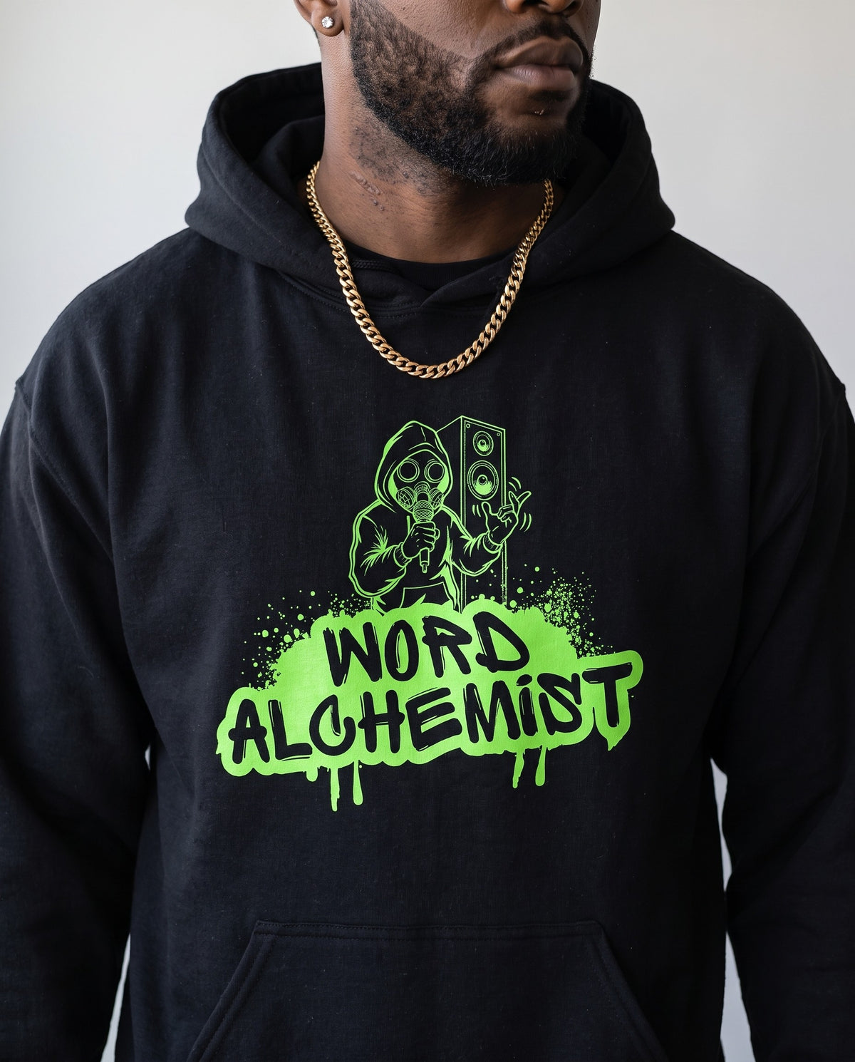 Model wearing the Word Alchemist hoodie in Black, print close-up