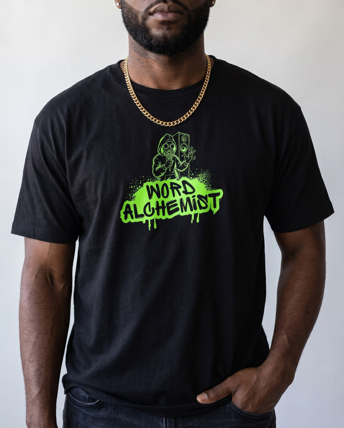 Model wearing the Word Alchemist t-shirt in Black, print close-up