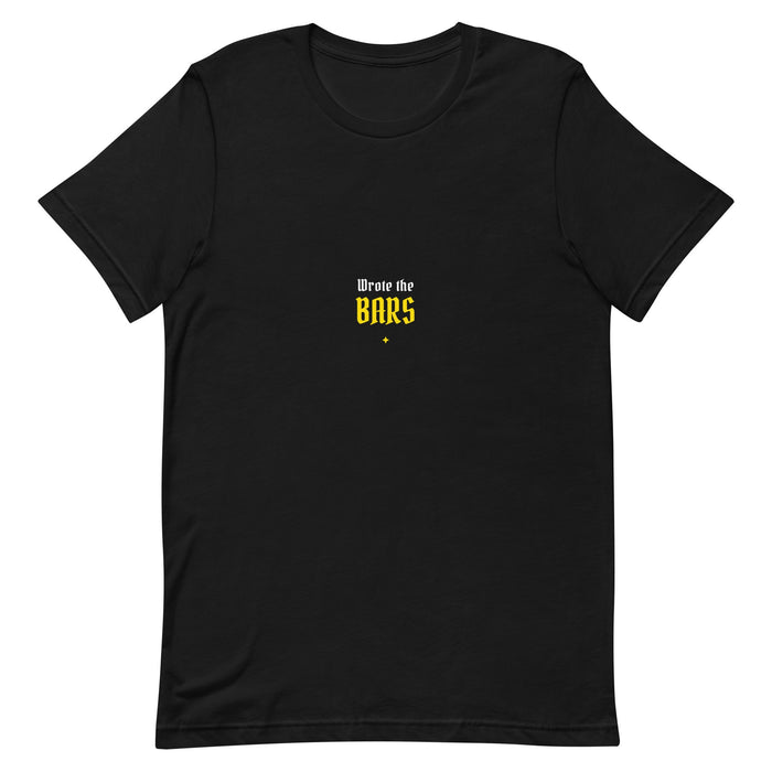 Black t-shirt with 'WROTE THE BARS' text in white and gold — Ghostnote rapper streetwear tee, flat front