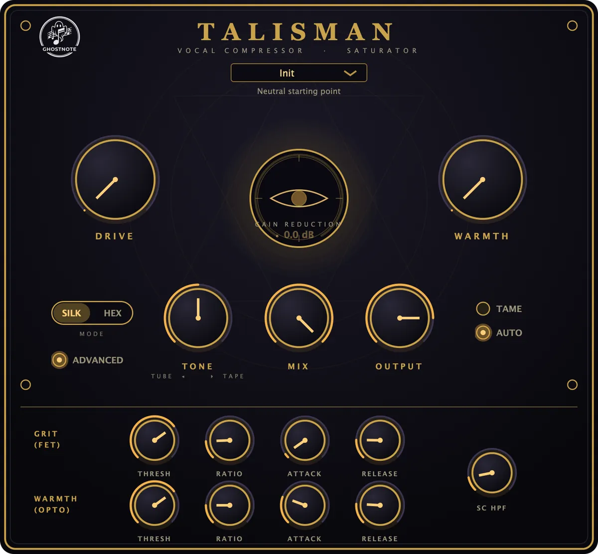 Ghostnote TALISMAN plugin interface: obsidian panel, brass knobs, the sigil gain-reduction eye